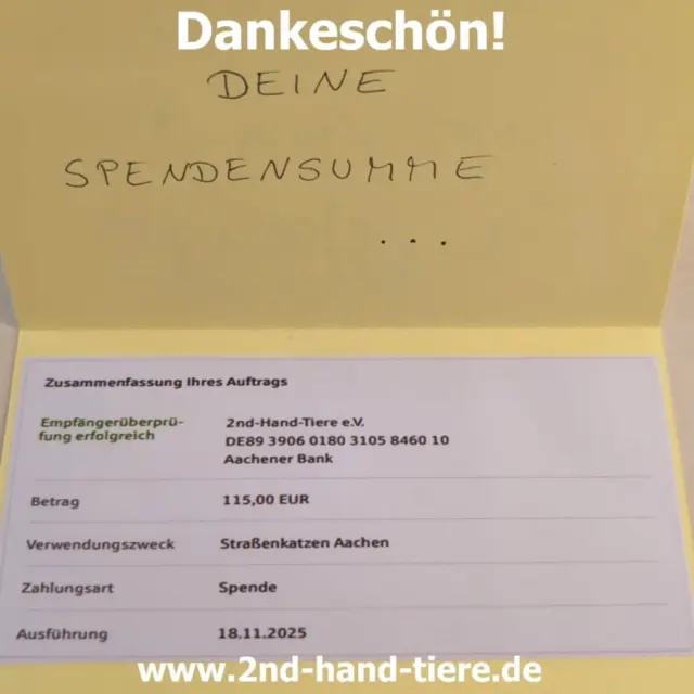Immer wieder sonntags informieren wir Euch über Themen, die uns aktuell besonders beschäftigen.

DANKESCHÖN FÜR ALLES!!!

Das Jahr neigt sich so langsam dem Ende zu und daher wollen wir das einmal nutzen und uns ganz 💓 bei allen für die tolle Unterstützung bedanken❗

Für die Geburtstagsspendensammelaktion der Kollegen von „Manfred“ aus der - Abteilung Process IT der Thalia Bücher GmbH und natürlich auch an Manfred, der den gesammelten Betrag  gespendet hat, für das Wohl der Aachener Straßenkatzen. 
An dieser Stelle noch nachträglich herzliche Glückwünsche zum 60. Geburtstag lieber „Manfred“ 🥳! 

Für die zahlreichen Futterspenden in unseren Spendenboxen (im REWE Reinartz Aachen und REWE Markt Geilenkirchen) und alles was uns auf anderen Wegen noch an Futter und Sachspenden erreicht hat. 

Für das Material für Unsere Kreativwerkstatt und eben alles das, was in irgendeiner Form den Tieren zu Gute kommt.

DANKESCHÖN und einen schönen 1. Advent gewünscht 🤗

#immerwiedersonntags
#nurgemeinsamsindwirstark
#tierschutzgehtunsallean
#dankefüralles