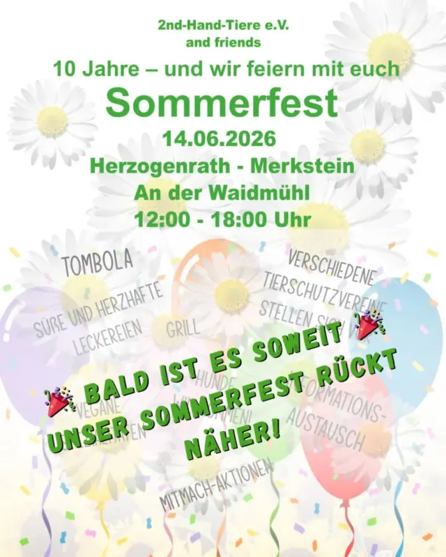 🎉 Bald ist es soweit – unser Sommerfest rückt näher! 🐾

In wenigen Wochen feiern wir gemeinsam:
💚 10 Jahre 2nd Hand Tiere e.V. 💚

📅 14.06.2026
🕛 12–18 Uhr
📍 Herzogenrath-Merkstein, An der Waidmühl

Freut euch auf einen entspannten Tag rund um den Tierschutz mit vielen tollen Menschen, Informationsständen, Austausch und natürlich leckeren Sachen für den kleinen und großen Hunger. 🐶🐱🐰

✨ Mit dabei:
🎟️ große Tombola
🍰 süße & herzhafte Leckereien
🌱 vegane Spezialitäten
🔥 Grillstand
🐾 verschiedene Tierschutzvereine
🎪 Mitmachaktionen & Infos rund ums Tier

Hunde sind natürlich herzlich willkommen. 🐶

Also: Termin merken, Freunde einpacken und vorbeikommen. Wir freuen uns auf euch! 💚

#sommerfest
#2ndhandtiere
#10jahretierschutz
#tierschutz
#herzogenrath
merkstein
gemeinsamfürtiere
tierliebe
tierschutzevent
immerwiedersonntags